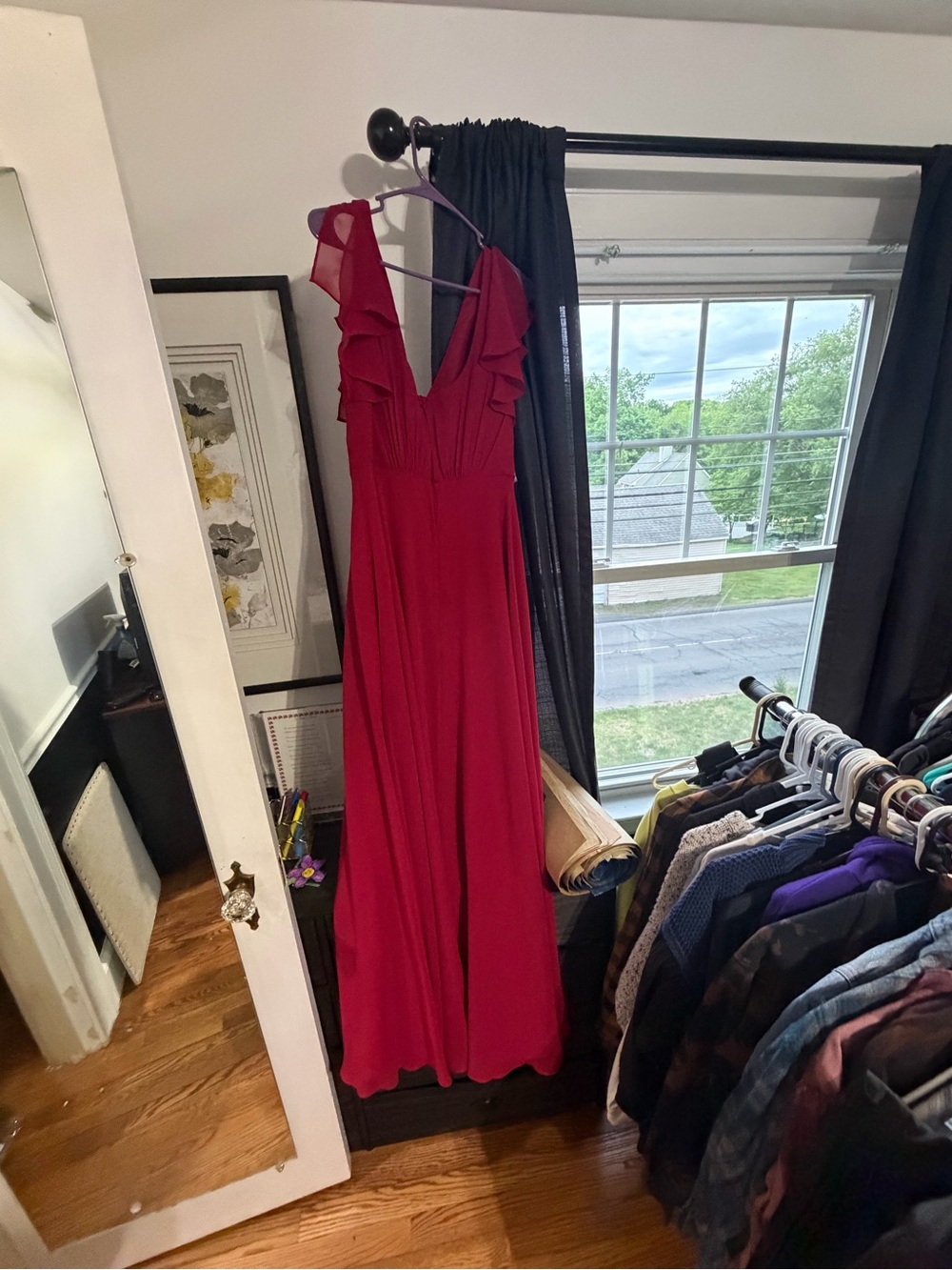 David's Bridal Red Ruffle Sleeve V-Neck Maxi Dress